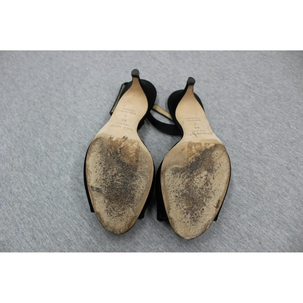 Kate Spade Heels Womens 6.5 Black Satin Peep Toe Bow Slingback Kitten Heel Italy